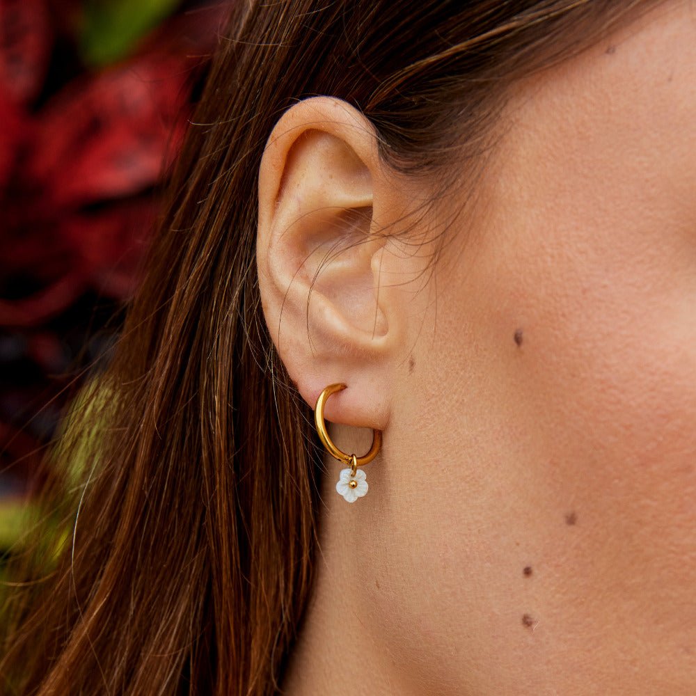 White Petal Shell Hoop Earrings